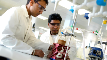 Two male students in a science lab studying biological science