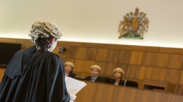 Law student performing a mock trial.